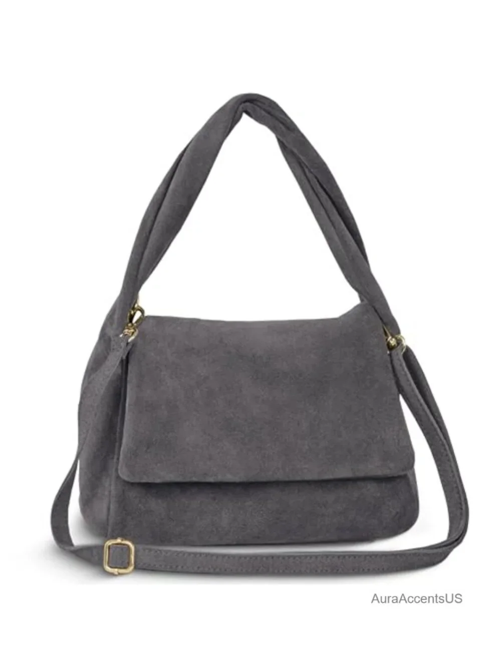Genuine Suede Top-Handle Bag with Zipper Magnetic Flap & Twisted Handle